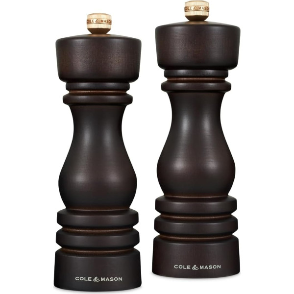 Cole & Mason H233080 London Salz und Pfeffermühle, 2er Set Manuell mit Einstellbar, Schokolade Holz, 18cm, Precision+ mit Keramikmahlwerk und Carbonmahlwerk, Gewürzmühle, Mühlen für Salz, Pfeffer