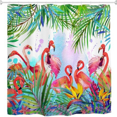 goodbath Duschvorhang Flamingo, Flamingos mit tropischem Blätter- und Blumenmuster Wasserdichter und schimmelabweisender Stoff Duschvorhang, 180 x 180cm, Pink Green