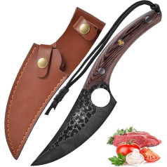 Fubinaty Japanese Chef's Knife Handmade Forged Outdoor Camping Kitchen Knife High Carbon Steel Viking Boning Knife with Genuine Leather Case and Lanyard Full Tang Wooden Handle