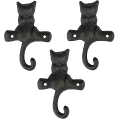 TentHome Set of 3 Coat Hooks Cat Wall Hooks Cast Iron Coat Hooks Towel Hooks Metal Rustic Key Hooks Vintage Decorative Wall Decoration with Screws Antique Dark Rust