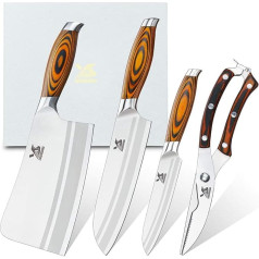 MSY BIGSUNNY Tang Series 4-Piece Kitchen Knife Set, Chopping Knife, Santoku Knife, Utility Knife, Poultry Scissors, Asian Knife Set German Steel for Multi-Purpose Cutting