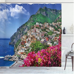 ABAKUHAUS Positano Amalfi Naples Italy Shower Curtain, Waterproof, Opaque, Includes 12 Rings, Long-Lasting Bacteria and Mould Resistant, 175 x 200 cm, Blue/Green