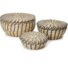 Decorative Seagrass Storage Baskets for Organizing, Round Woven Baskets in 3 Sizes with Lids (Set of 3)