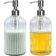 owandan Soap Dispenser, 2 Pack Clear Glass Hand Tableware Soap Dispenser Bathroom with Stainless Steel Pump Refillable Kitchen Liquid Decorative Bottles for Hand Sanitizer Lotion