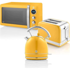 Swan Retro Breakfast Set 1.8 L Kettle, 2 Slices Wide Slot Bread Toaster, 20L Digital Microwave, 6 Power Levels, Timer, Mirror Door, Vintage Design, Yellow