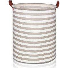 SULIVES Foldable Laundry Basket - Thick Canvas Basket, Sturdy Fabric Handle, Collapsible Storage for Dirty Clothes - Brown and White Stripes - Bedroom, Bathroom, College Dorm