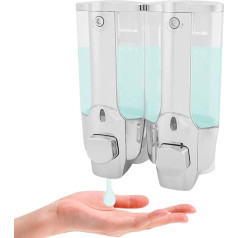 Soap Dispenser, Wall Mounted Transparent Manual Press Liquid Soap Lotion Dispenser Refillable Bottle with Large Capacity for Use in Hotel Bathroom (Dual Outlet)