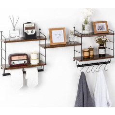 Lavievert Wall Mounted Toilet Roll Holder with 6 Removable Hooks, Industrial Toilet Roll Holder with 5 Adjustable Wooden Shelves for Bathroom, Washroom, Kitchen