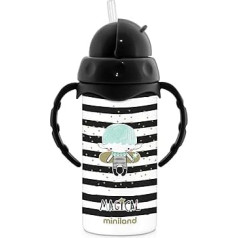 Miniland Thermokid Magical Vacuum Flask with Straw, Insulated Bottle with Side Handles, Black and White
