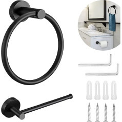 Toilet Roll Holder and Towel Ring Set, Toilet Roll Holder Toilet Roll Holder Towel Ring Hanging Round Hanger, Polished Chrome, Hotel, Black