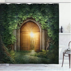 ABAKUHAUS Green Shower Curtain, Mystical Clear Sun Rays with 12 Rings Set, Waterproof, Stemy, Modern, Colourfast and Mildew Resistant, 175 x 200 cm, Green Brown