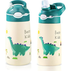 400 ml Kids Water Bottles with Straw for Girls, Stainless Steel Water Bottle for School, Vacuum Insulated, Leak-Proof, Metal Drink Bottle Can Keep Cold or Hot (Green Dinosaur)