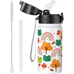 OLDLEY 420 ml/14 oz Children's Stainless Steel Insulated Water Bottle with Straw for School Metal Vacuum Small Bottle Leak-Proof Keep Hot Cold Boys Girls Toddlers Children (Frog, 420 ml)