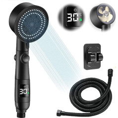 Water Saving Shower Head with Temperature Display, High Pressure Shower Head with 2M Hose, 5 Modes Shower Head with Bracket Non Perforated for Bathroom