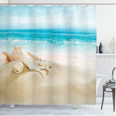 ABAKUHAUS Shells Shower Curtain, Pastel Beach Scene, with 12 Rings Set, Stylish, Modern, Colourfast and Mildew Resistant, 175 x 220 cm, Sand Brown Aqua