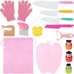 BOXOB 15-Piece Knife Set for Children, Children's Knife with Vegetable Cutting Board, Gloves, Fruit Peeler, Ball Cutter, Serrated Montessori Kitchen Utensils, Real Cooking Utensils