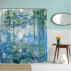 IcosaMro Lotus Shower Curtain for Bathroom with Hooks, Watercolor Monet Water Lily Flower, Decorative Long Fabric Shower Curtain, Blue, 180 x 182 cm