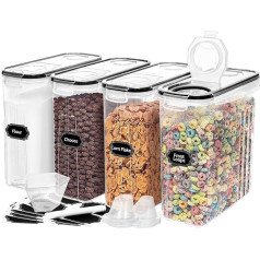 Skroam 4 x Cereal Containers, Airtight Food Storage Containers with Pourer for Kitchen and Pantry, Plastic, Cereal Dispenser, Measuring Cup and 20 Labels