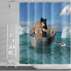 SDOTPMT 180 x 180 cm Cute Cat Shower Curtain Funny Pet Kitten Couple Cosplay Boat South Pole Penguin Bath Curtain Blue Ocean Bathroom Curtain for Children Bathroom Decor with Hooks