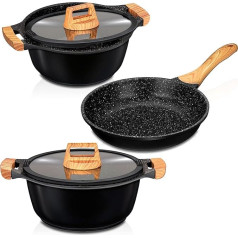 Smile ILAG ULTIMATE Induction Cookware, 3-Piece Cast Aluminium, Non-Stick, PFOA Free, PTFE Free, Set with Pot Lid and Pan, Silicone Handles, Wood Effect, Glass Ceramic, Gas