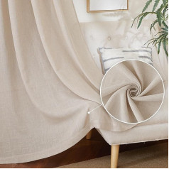 PONY DANCE Boho Curtains, Linen Natural Curtains, Living Room Rail, Set of 2, H 245 x W 140 cm, Linen Look Semi-Transparent Linen Curtain with Ruffle Tape, Linen Curtains for Living Room