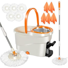 Myiosus Mop Set with Bucket, Floor Mop with Spin System, 5 Microfibre Replacement Head and 5 Cloths, 145 cm Stainless Steel Telescopic Handle & Foot Pedal, Spin Mop with Wring Function for Floor