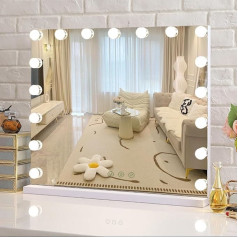 Puselo Hollywood Mirror with Lighting, Large Makeup Mirror with 3 Dimmable Light Colours, USB Port, Touch Control and Magnification for Bedroom, Dressing Table - 70 x 55 cm, White