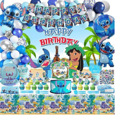 Blue Birthday Decoration, Cartoon Birthday Party Decoration, Children's Birthday Decoration, Blue Birthday Party Set with Party Tableware, Photo Background, Invitation Card, Balloons, Stickers