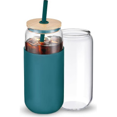 WillCome Glasbecher, Trinkflasche, Trinkhalm, Silikon-Schutzhülle, Bambusdeckel, 590 ml, Waldgrün