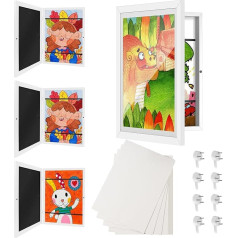 Wuciray Picture Frame Children's Drawings A4 with 20 Drawing Paper, Fillable Frame, Removable Frame, Children's Pictures, Foldable, 2/4 Pieces (White, 4)