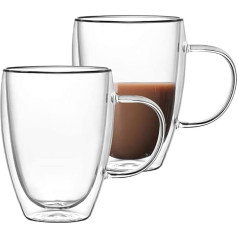 Hniuyun Glass Coffee Cups Double Wall Insulated Coffee Cups with Handle Clear Glass Cups for Cappuccino Tea Latte Espresso Hot Drinks 2 Pack (350ml)