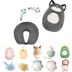 JOYRAVO Kids Travel Pillow – 2 in 1 Deformable Neck Pillow, Soft U-Shaped Pillow with Cute Plush Toys for Sleeping and Play Companion in Aeroplanes, Cars and Travelling – Husky