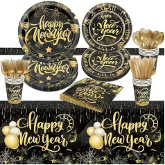 New Year's Eve Decoration 2024 Party Set, 81 Pieces Happy New Year Party Tableware Set, New Year's Eve Table Decoration, Tablecloth, Napkins, Paper Cups, Paper Plates, Black Gold for Happy New Year