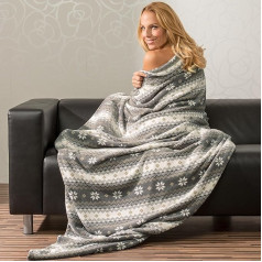 CelinaTex snow star cuddly blanket, 150 x 200 cm, grey and cream white coral fleece TV blanket, bedspread