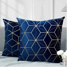 Lewondr Velvet Cushion Cover, Pack of 2 Square Decorative Cushion Cover with Golden Embroidery Geometric Pattern, Soft Pillowcase Decorative Cushion Covers for Car, Sofa, Living Room, 45 x 45 cm -