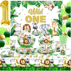 LSJDEER Wild accessories for birthday decorations, first birthday of the safari jungle decorations, plates, napkins, tablecloths, straws, cups, cake topper for 20 people