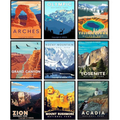 9 Pieces Vintage National Park Posters National Parks Art Prints Natural Mountains Wall Art Abstract National Park Travel Poster for Home Living Room Bedroom 20.3 x 25.4 cm Unframed