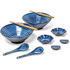 Ramen Bowl Set, Ceramic Ramen Bowl Set with 2 x Bowls, Chopsticks, Ceramic Spoon, Chopstick Rest, Traditional Japanese Tableware Set, Blue