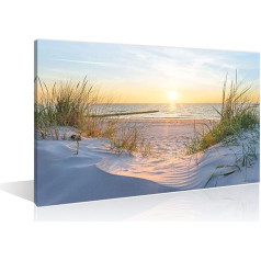 TISHIRON Wall Pictures Canvas Pictures Wall Art Work Ocean Beach Green Grass Sea for Living Room Office House Hallway Bathroom Holiday Home Wall Decoration 90 x 60 cm (36 x 24 inches) with Frame