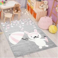 Children's Rug Bubble Kids Flat Pile with Cute Rabbits and Hearts in Grey, Pink for Children's Room Size 120/160 cm