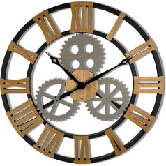FLEXISTYLE Wall Clock Industrial Design Large 80 cm Diameter Retro Vintage Wood Look Oak without Ticking Noises Living Room (Black)