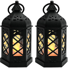 Pack of 2 Vintage Candle Lanterns Hanging Lantern with Flickering LED Light Black Decorative Candle Lanterns for Medieval Halloween Christmas Table Wedding Party Home Decorations