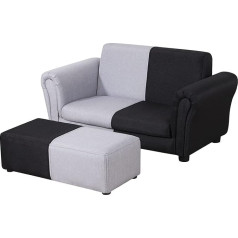 Pwtj Children's Sofa and Couch, 2-Seater Children's Sofa with Large Ottoman, Children's Sofa with Linen Fabric, Large Toddler Couch for 0-3 Years Children (Black + Grey)