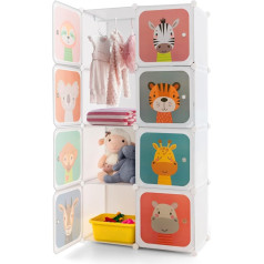 Dreamade Children's Wardrobe with 8 Cubes, Children's Wardrobe Shelf System Made of Plastic, Children's Wardrobe with Doors and Clothes Rail for Children's Room, 75 x 37 x 145 cm (8 Cubes - Animal)