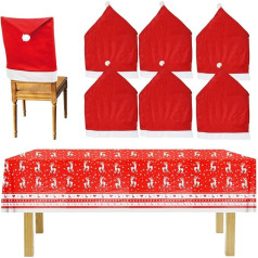 ‎N/An/A Chala 7-Piece Santa Hat Chair Covers Set Red Chair Covers Chair Back Santa Hat Chair Covers with Christmas Tablecloth Christmas Decoration for Dining Room Chair Kitchen Dinner