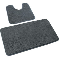 Rururug Bathroom Rug Set, 2 Pieces, Soft Microfibre Bathroom Mat and Toilet Rug with Cut-Out, Non-Slip Bath Mat, Washable Bath Mat Set, Grey, 50 x 80 + 50 x 40 cm