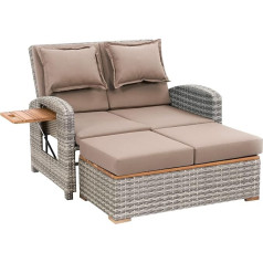 Greemotion Rattan Lounge Bahia Style 3-in-1 with Teak Parts, Garden Sofa with Bed Function, Including Stool, Grey/Taupe, Approx. 117 x 93 x 74 cm