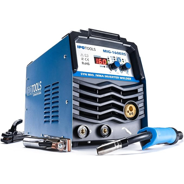 IPOTOOLS MIG-160ERS 5-in-1 MIG MAG Welding Machine - Protective Gas Welding Machine with 160 Amp Inverter Flux / Flux Cored Wire Welding Machine without Gas Electrodes / E-Hand Suitable / Digital /