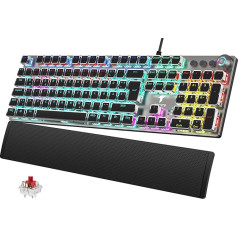TECURS Mechanical Gaming Keyboard - QWERTZ Mechanical Keyboard with Magnetic Wrist Rest, Multimedia Keys, 105 Keys Wired Red Switch Keyboard for PC/PS5/PS4, 19 LED Modes