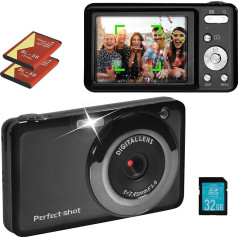 Digital Camera, HD 48 MP Mini Photo Camera, 8X Digital Zoom, 2.7 Inch Screen with Webcam Function and 32GB SD Card, Portable Digital Camera for Photography, Beginners, Children and Teenagers, Black